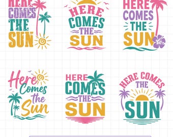 May include: Six digital graphic designs featuring the text Here Comes The Sun in various colourful fonts. Each design incorporates tropical elements like palm trees, suns, waves, and flowers in shades of pink, teal, purple, and yellow on a grid.