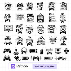 Könnte beinhalten: Eine Sammlung von schwarz-weißen digitalen Grafiken mit Videospiel-Controllern, Konsolen und Gaming-Texten wie Player One Ready, Level Up und Game Mode, angeordnet in einem Raster auf weißem Hintergrund mit dem Pathpik-Logo.