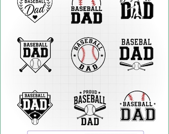 May include: A collection of nine black and white graphic designs featuring the text Baseball Dad, incorporating baseballs, bats, and home plate shapes. The designs include various layouts with red stitching on the baseballs and the Pathpik logo.