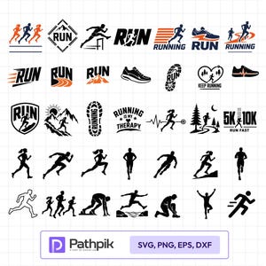 Puede incluir: Una colección de iconos vectoriales en negro y naranja con siluetas de corredores, calzado deportivo, huellas, paisajes de montaña y elementos de texto como RUN, RUNNING, KEEP RUNNING, RUNNING IS MY THERAPY y 5K 10K RUN FAST sobre una cuadrícula.