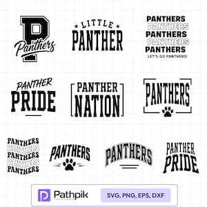 Könnte beinhalten: Eine Sammlung von elf schwarz-weißen Grafikdesigns mit den Wörtern Panthers, Little Panther, Panther Pride, Panther Nation und Let's Go Panthers, einschließlich Pfotenabdruck-Symbolen und verschiedenen Typografiestilen auf einem Rasterhintergrund.