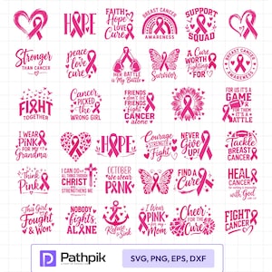Op de afbeelding: Een verzameling van vijfendertig roze ontwerpen voor borstkankerbewustzijn met linten, harten, vlinders en inspirerende teksten zoals Hope, Survivor en Fight Cancer, gerangschikt in een raster op een witte achtergrond.