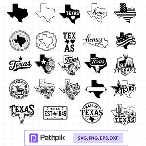 Pode incluir: Uma coleção de vinte e cinco designs gráficos digitais em preto e branco representando o estado do Texas. Os ícones incluem várias ilustrações do mapa do Texas, longhorns, tatus, flores, bandeiras e textos como Texas, home, 1845.