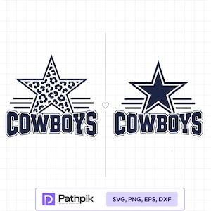 May include: Two digital graphic designs featuring a navy blue star and the text COWBOYS in a bold athletic font. The left star has a leopard print pattern, while the right star is solid navy blue. Both include horizontal lines and a small heart icon.