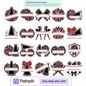 May include: A collection of twenty black and red cheerleading-themed digital graphics featuring megaphones, pom-poms, bows, and silhouettes with blank horizontal banners for custom text. The designs include various arrangements of sports icons.