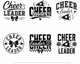 May include: A collection of six black and white graphic designs featuring the text Cheer Leader, decorated with icons including megaphones, bows, hearts, and pom-poms. These digital illustrations are arranged in a grid on a white background.