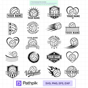 Peut inclure: Une collection de vingt designs graphiques sur le thème du volley-ball en noir et blanc, disposés en grille. Chaque motif présente une icône de ballon de volley associée à des cœurs, des boucliers, des flammes, des filets et du texte YOUR NAME.