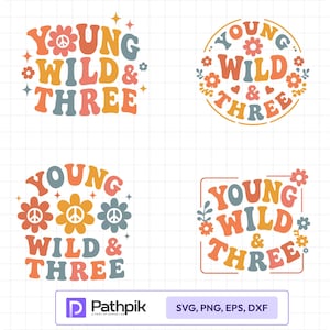 Young Wild & Three SVG-bundel, 3e verjaardag SVG PNG, retro verjaardag Cricut sublimatiebestanden
