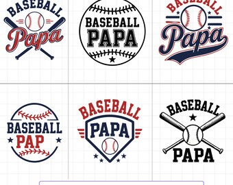 May include: A collection of six digital graphic designs featuring baseball themes with the text Baseball Papa. Each design incorporates elements like baseballs, crossed bats, stars, and shields in red, navy blue, and black colours on a white grid background.