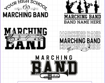 May include: A collection of marching band-themed graphics in black. Designs include text that reads "Your High School Marching Band", silhouettes of band members, and the words "Marching Band" in various fonts. Includes SVG, PNG, EPS, and DXF file formats.