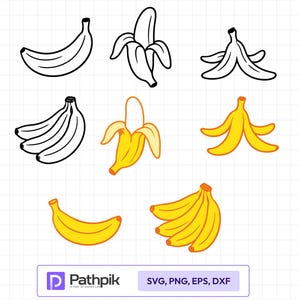 Könnte beinhalten: Eine Sammlung von Bananenillustrationen in verschiedenen Zuständen, darunter einzelne Bananen, geschälte Bananen und Bananenstauden. Das Set enthält sowohl schwarz-weiße Strichzeichnungen als auch leuchtend gelbe Versionen auf einem Raster.