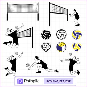 Volleybal actie SVG PNG-bundel, volleybal clipart, volleybal vector, speler silhouetten en bal ontwerpen, sport Cricut en silhouet