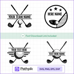 May include: Black and white golf-themed graphic designs. Includes crossed golf clubs, golf balls, and text areas for customization. The designs feature text like "YOUR TEAM NAME" and "HERE NAME". Formats include SVG, PNG, EPS, and DXF.