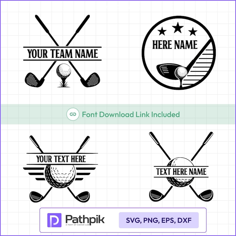 May include: Black and white golf-themed graphic designs. Includes crossed golf clubs, golf balls, and text areas for customization. The designs feature text like "YOUR TEAM NAME" and "HERE NAME". Formats include SVG, PNG, EPS, and DXF.