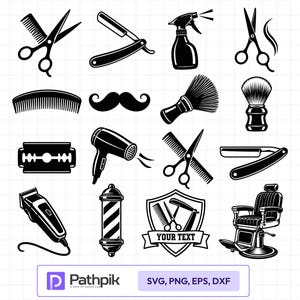 Puede incluir: Una colección de iconos vectoriales en blanco y negro con equipo de barbería que incluye tijeras, peines, navajas de afeitar, un atomizador, un bigote, una brocha de afeitar, una cuchilla, un secador de pelo, una cortadora y un sillón.
