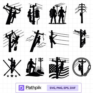 Puede incluir: Una colección de doce gráficos de siluetas negras que representan a trabajadores de líneas eléctricas realizando diversas tareas en postes, incluyendo escalar, trabajar con cables y usar herramientas, sobre un fondo de cuadrícula blanca.