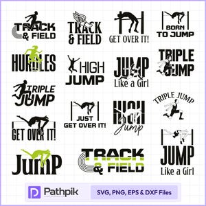 Op de afbeelding: Een verzameling zwart-wit afbeeldingen met het thema atletiek. De ontwerpen bevatten tekst zoals "Track & Field", "Get Over It!", "Born to Jump" en "Jump Like a Girl". Sommige afbeeldingen tonen atleten in actie.