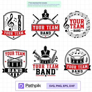 May include: A collection of six black and red graphic designs featuring musical themes, including marching band hats, drums, trumpets, saxophones, and musical notes. Each design incorporates the placeholder text YOUR TEAM BAND in bold lettering.