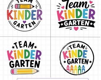 May include: Four digital graphic designs featuring the text Team Kindergarten in various colourful fonts and layouts. Elements include a yellow pencil, small hearts, and a row of colourful crayons, all set against a white grid background.