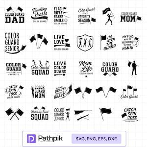 May include: A collection of thirty black and white digital graphic designs featuring color guard themes, including silhouettes of performers with flags, rifles, and sabers, alongside text phrases like Color Guard Dad, Mom, Senior, and Squad.