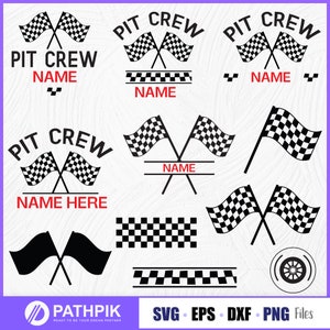 ピット クルー カスタム シャツ デザイン、ピット クルー SVG、レーシング SVG、レース カー SVG、スポーツ SVG、チェッカー フラッグ SVG、ピット クルーのパーソナライズされたギフト SVG