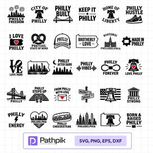 Op de afbeelding: Een verzameling van dertig zwart-wit digitale grafische ontwerpen met iconen in het thema van Philadelphia, waaronder de Liberty Bell, stadsskyline, bruggen, cheesesteaks en tekstfrasen zoals Philly Freedom, Philly Built en Philly Strong.
