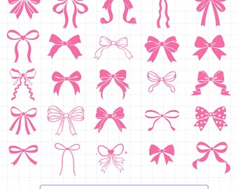 May include: A collection of twenty-five distinct pink bow illustrations arranged in a grid on a white graph paper background. The designs include various ribbon styles, some with polka dots or heart centres, and a logo at the bottom reading Pathpik.