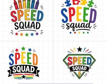 May include: Four graphic designs featuring the text SPEED SQUAD. The first shows crayons and stars. The second includes puzzle pieces and dots. The third displays stars and a rainbow banner. The fourth features a shield with a lightning bolt.