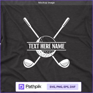 May include: Dark gray t-shirt featuring a white golf design. The design includes crossed golf clubs, a golf ball, and the text "TEXT HERE NAME" in a horizontal bar. The shirt is a mockup image.