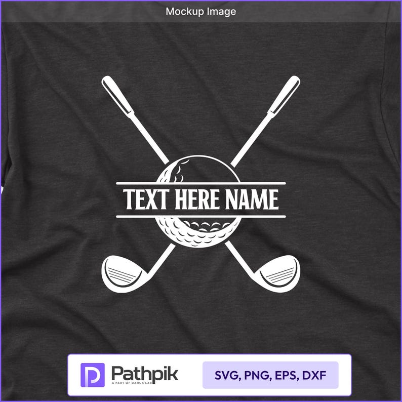 May include: Dark gray t-shirt featuring a white golf design. The design includes crossed golf clubs, a golf ball, and the text "TEXT HERE NAME" in a horizontal bar. The shirt is a mockup image.