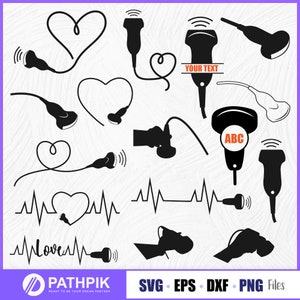 Puede incluir: Un conjunto de 14 ilustraciones vectoriales en blanco y negro de una sonda de ultrasonido. Las ilustraciones incluyen una forma de corazón, una línea de latido del corazón y el texto "Love".