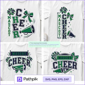 May include: Four white t-shirts featuring dark blue and green graphic designs with the word CHEER, a megaphone, a pom-pom, and a bow. The designs include the text MASCOT and various decorative elements like stars and curved lines in a collegiate style.