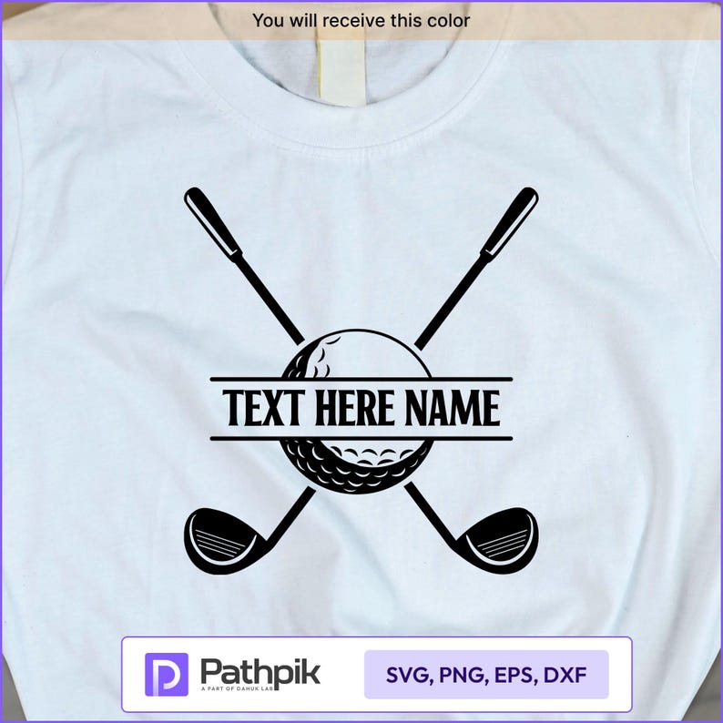 May include: White t-shirt featuring a black golf-themed design. The design includes crossed golf clubs, a golf ball, and the text "TEXT HERE NAME" in a horizontal banner. The shirt also has the text "You will receive this color".