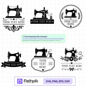 May include: A collection of six black and white digital sewing machine designs featuring decorative elements like hearts, flowers, ribbons, and spools of thread. Each design includes placeholder text reading YOUR TEXT HERE or YOUR TEXT NAME.