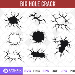 May include: Set of six black and white vector illustrations of cracks and holes in a wall. The cracks are in various shapes and sizes, and some have a hole in the center. The illustrations are perfect for adding a distressed or grunge look to your designs.