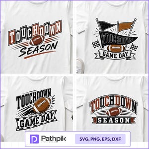 May include: Four white t-shirts featuring American football graphics. Designs include text reading Touchdown Season and Touchdown Game Day, accompanied by illustrations of brown footballs, pennants, and checkered flags in black, white, and brown.