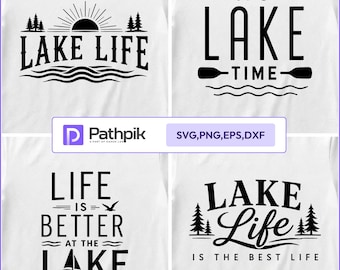 May include: A collection of four white t-shirts featuring black graphic designs with lake-themed text. The designs include phrases like Lake Life, It's Lake Time, Life is Better at the Lake, and Lake Life is the Best Life, accompanied by icons of trees, water, and a sailboat.