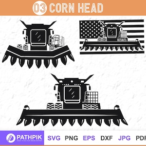 May include: Black and white graphic of a corn head harvester. The image includes three variations of the harvester design, one with an American flag background. The text "03 CORN HEAD" is at the top. The bottom includes file type options: SVG, PNG, EPS, DXF, JPG, and PDF.
