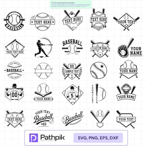 May include: A collection of twenty-five black and white baseball-themed graphic designs featuring baseballs, bats, gloves, helmets, and player silhouettes. Each emblem includes placeholders for custom text, names, or numbers in various layouts.