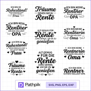 Könnte beinhalten: Eine Sammlung schwarzer Textdesigns mit Sprüchen zum Thema Ruhestand, darunter "Ich bin im Ruhestand!" und "Träume gehen nie in Rente." Geeignet für SVG-, PNG-, EPS- und DXF-Formate.