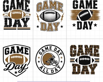May include: A collection of six digital graphic designs featuring the text GAME DAY, footballs, and a helmet. The designs include various styles such as distressed textures, leopard print patterns, and shield or circular emblems in black, brown, and white.