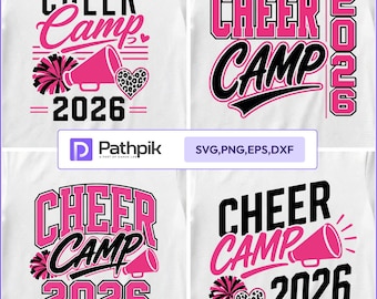 May include: Four graphic designs featuring the text Cheer Camp 2026 in black and pink. Elements include a pink megaphone, a leopard print heart, and a pink pom-pom. The designs are displayed on a white background with a central Pathpik logo label.