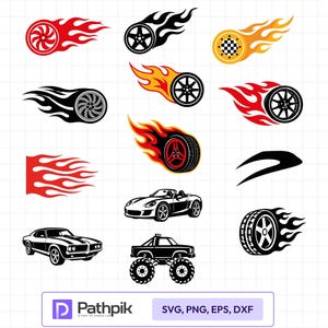Può includere: Una collezione di grafiche vettoriali con varie ruote di auto con fiamme stilizzate, un'auto sportiva, una muscle car, un monster truck e un motivo a fiamme rosse. In basso il testo Pathpik e i formati di file SVG, PNG, EPS, DXF.