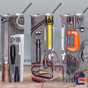 May include: Three stainless steel tumblers with a variety of tools printed on them. The tools include a wrench, screwdriver, pliers, saw, and measuring tape. The tumblers are a great way to show your love for tools and DIY projects.