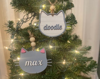 Personalized Cat Christmas Ornament, Hand-Painted Basswood, Pet Stocking Tag