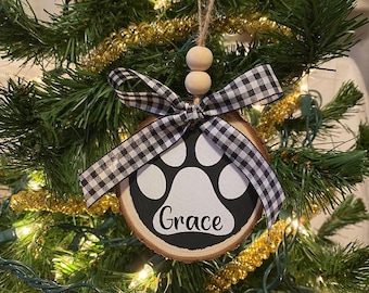 Personalized Pet Paw Print Christmas Ornament, Wood Slice Ornament