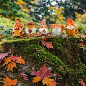 Könnte beinhalten: Eine Sammlung skurriler Zwergfiguren und Kaffeetassen mit Herbstblättern. Die Zwerge tragen orangefarbene Hüte und haben weiße Bärte. Die Tassen haben Kaffeemotive. Die Szene spielt sich im Freien auf einer moosigen Oberfläche ab.