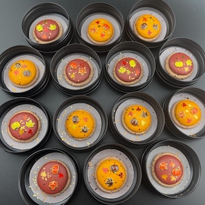 May include: An overhead shot shows a dozen decorated cookies in black tins. The cookies have a round shape with a light-colored base. Some cookies have a reddish-brown frosting, while others have a yellow frosting, all decorated with fall-themed sprinkles.