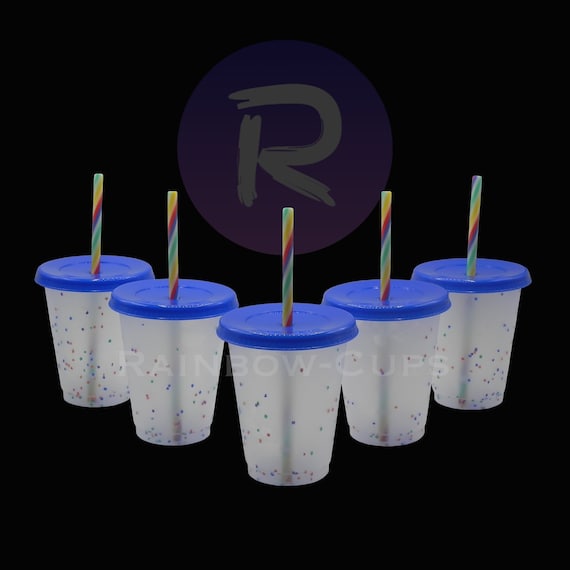 Set of 5 Confetti Color Changing Kids Cups with Colored Lids and Straw
