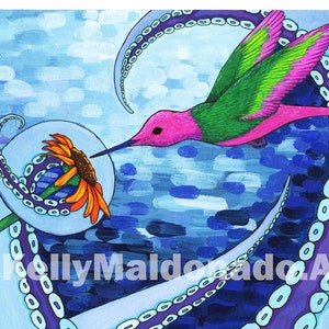 Pink Hummingbird with Octopus Tentacles Original Art Nautical Surrealism Unique Wall Art Gouache Painting